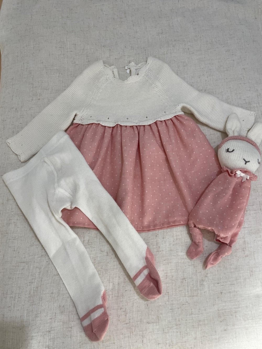 Shabby Chic Cream & Dusty Pink Knit Top Dress with Doll Set 3-6 months